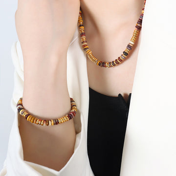 Multicolor Disc Stone Bead Necklace Bracelet Gold Accents