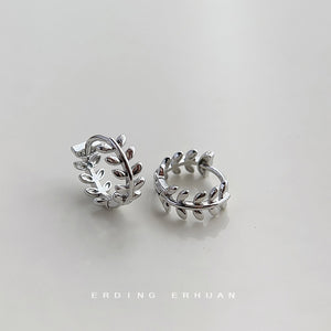 Silver Olive Leaf Huggie Hoop Earrings Polished Metal