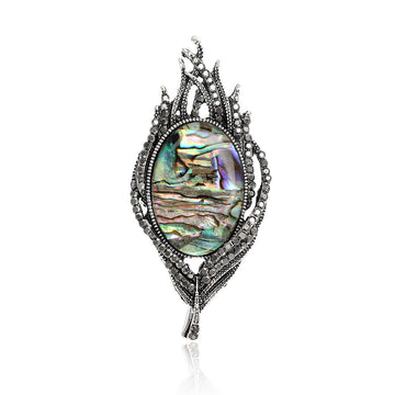 Silver Tone Abalone Shell Feather Brooch Marcasite Pin