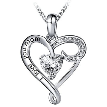 Silver Tone Mom Heart Clear Crystal Pendant Necklace