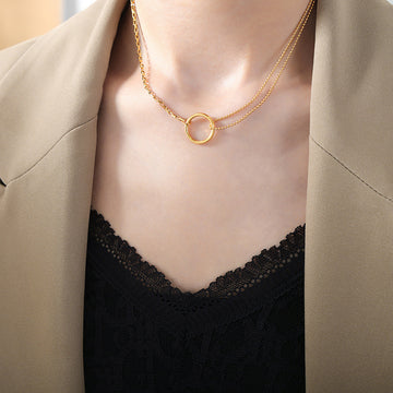 Circle Ring Pendant Necklace Dual Chains Gold Steel Rose