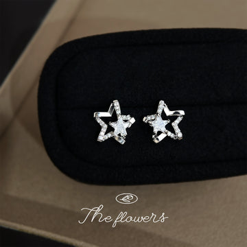 Silver Open Star Stud Earrings Pave Crystal Center