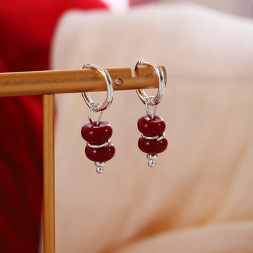 Red Triple Round Bead Silver Tone Small Huggie Earrings
