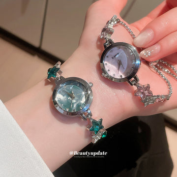 Silver Star Charm Quartz Watch Bracelets Green Pink Dials