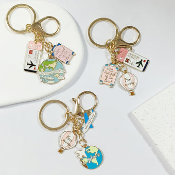 Gold Tone Travel Tag and Globe Split-Ring Keychains in Three Designs