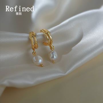 Gold Tone Small Hoop Irregular White Pearl Drop Earrings For Women