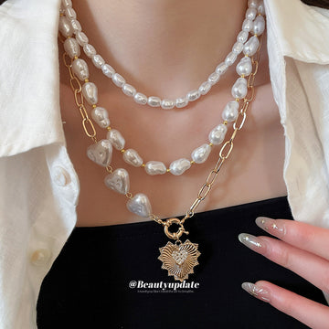 Layered Pearl And Gold Tone Heart Necklace Set With Decorative Accents
