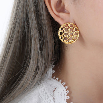 Round Hollow Mesh Chain-Link Stud Earrings Gold Steel