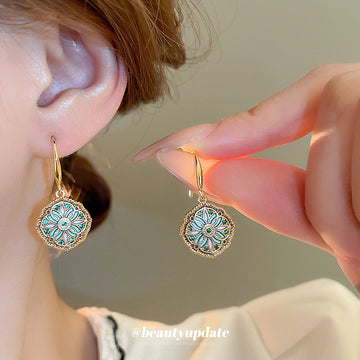 Blue Green Enamel Flower Medallion Gold Tone Hook Earrings