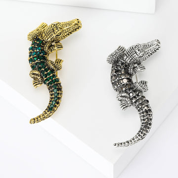 Articulated Crocodile Brooch in Gold and Silver Tones