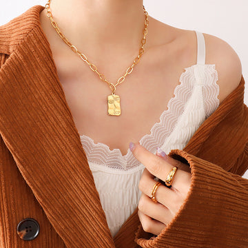 Abstract Face Square Pendant Necklace Gold Silver Paperclip Chain