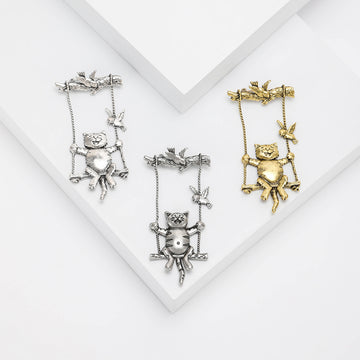 Swinging Cat Brooch with Bird and Branch Details for Jackets and Scarves