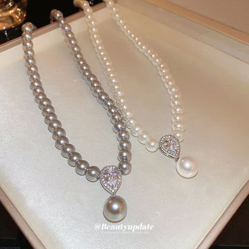 Pearl Bead Necklace Pavé Teardrop Pendant White Gray