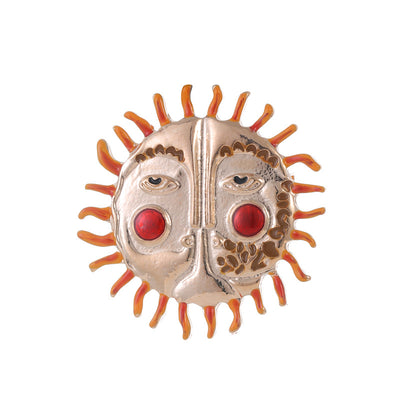 Front product view of the sun brooch pin in gold and red