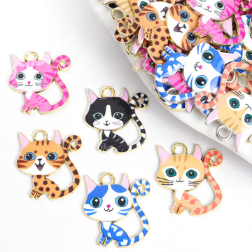 Printed Cat Charms in Gold and Silver Tones, Five Cat Designs