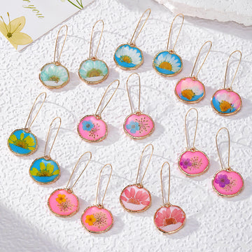 Round Gold Frame Pressed Flower Drop Earrings 8 Styles