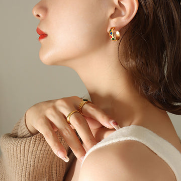 Gold C-Hoop Studs With Multicolor Enamel Dot Accents