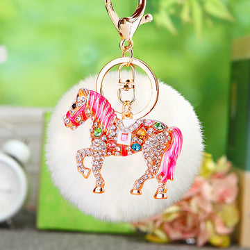 Crystal Horse Keychains with Faux Fur Pompoms in Twenty Two Options