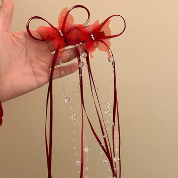 Red Organza Butterfly Duckbill Hair Clip Crystal Ribbon Tassel