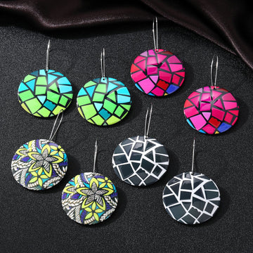 Silver Tone Oversized Round Geometric Acrylic Hook Earrings