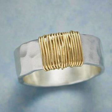 Hammered Wide Band With Gold Wire Wrap In Two Metal Tones