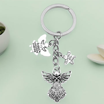 Antique Silver Guardian Angel Wing and Star Charm Keychain