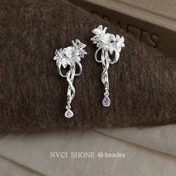 Silver Tone Floral Vine And Purple Teardrop Long Stud Earrings