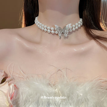 Double Strand Pearl Choker Silver Lace Butterfly Center