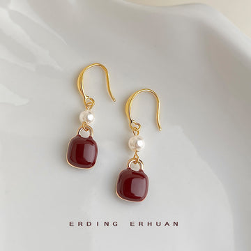 Gold Hook Wine Red Enamel Square Drop Earrings Pearl