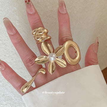 Metal Teardrop Open Ring Flower Pearl Ring 3 Styles