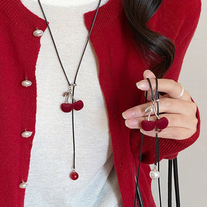 Red Cherry Pearl Cord Necklace Decorative Jewelry Design