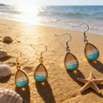 Beach Scene Teardrop Drop Earrings in Gold and Silver Tone