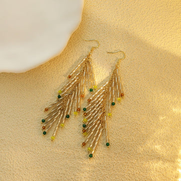 Silver Tube Tassel Multicolor Bead Long Hook Earrings