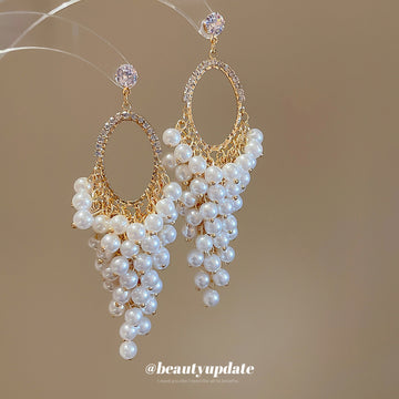 Gold Hoop Stud Earrings With Pearl Grape Cascades Statement Pair