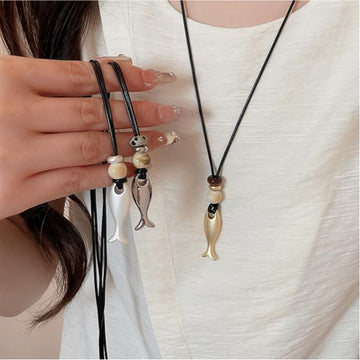 Corded Matte and Polished Fish Pendant Necklaces Statement Jewelry