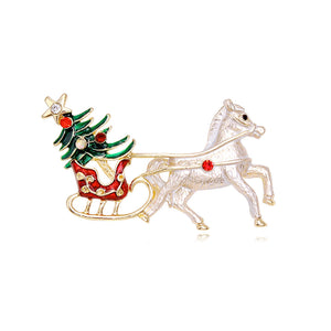 Christmas Sleigh and Horse Brooch with Red Enamel and Crystal Accents