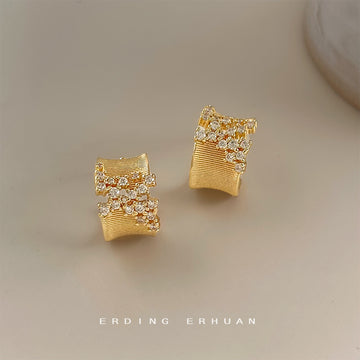 Gold Ribbed Geometric Half-Hoop Stud Earrings Pair