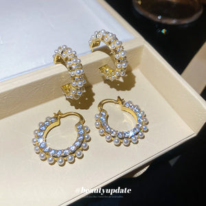 Gold Tone Pearl Half Hoop Earrings in Stud or Huggie Styles