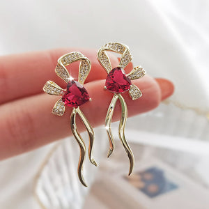 Gold-Tone Red Heart Bow Earrings With Long Ribbon Drops, Brass
