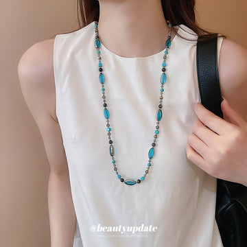 Turquoise Blue Beaded Long Necklace Oval Stone Accents