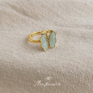 Gold Open Butterfly Ring Mint Enamel Wings Adjustable