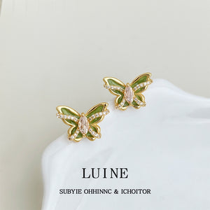 Gold Green Enamel Butterfly Stud Earrings Peach Crystal Center