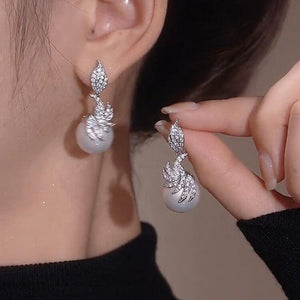 White Gold Faux Pearl Leaf Drop Earrings Clear Pavé