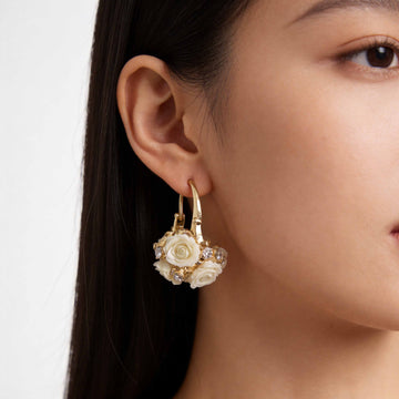 Pink and Ivory Rose Bouquet Gold Tone Hoop Earrings