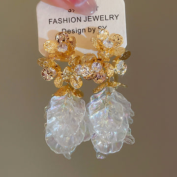 Clear Petal Flower Earrings With Crystal Clusters In Two Tones