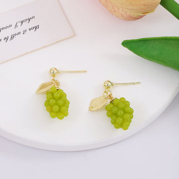 Green Grape Cluster and Leaf Gold Tone Stud Earrings