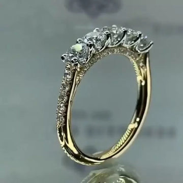 Gold Five Stone Clear Row Finger Ring Pave Shoulders