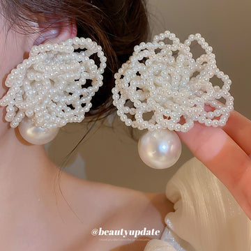 White Beaded Lace Flower Stud Earrings with Faux Pearl Drops