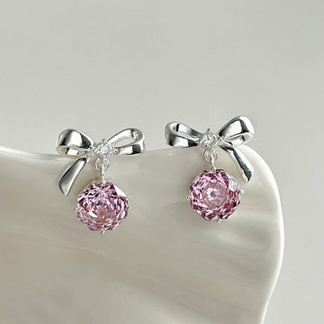 Silver Bow Stud Earrings With Pink Rose Crystal Drops