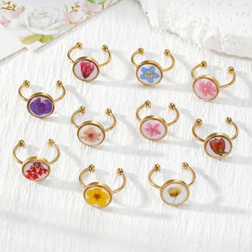 Gold Open Rings Dried Flower Cabochon Nine Floral Styles